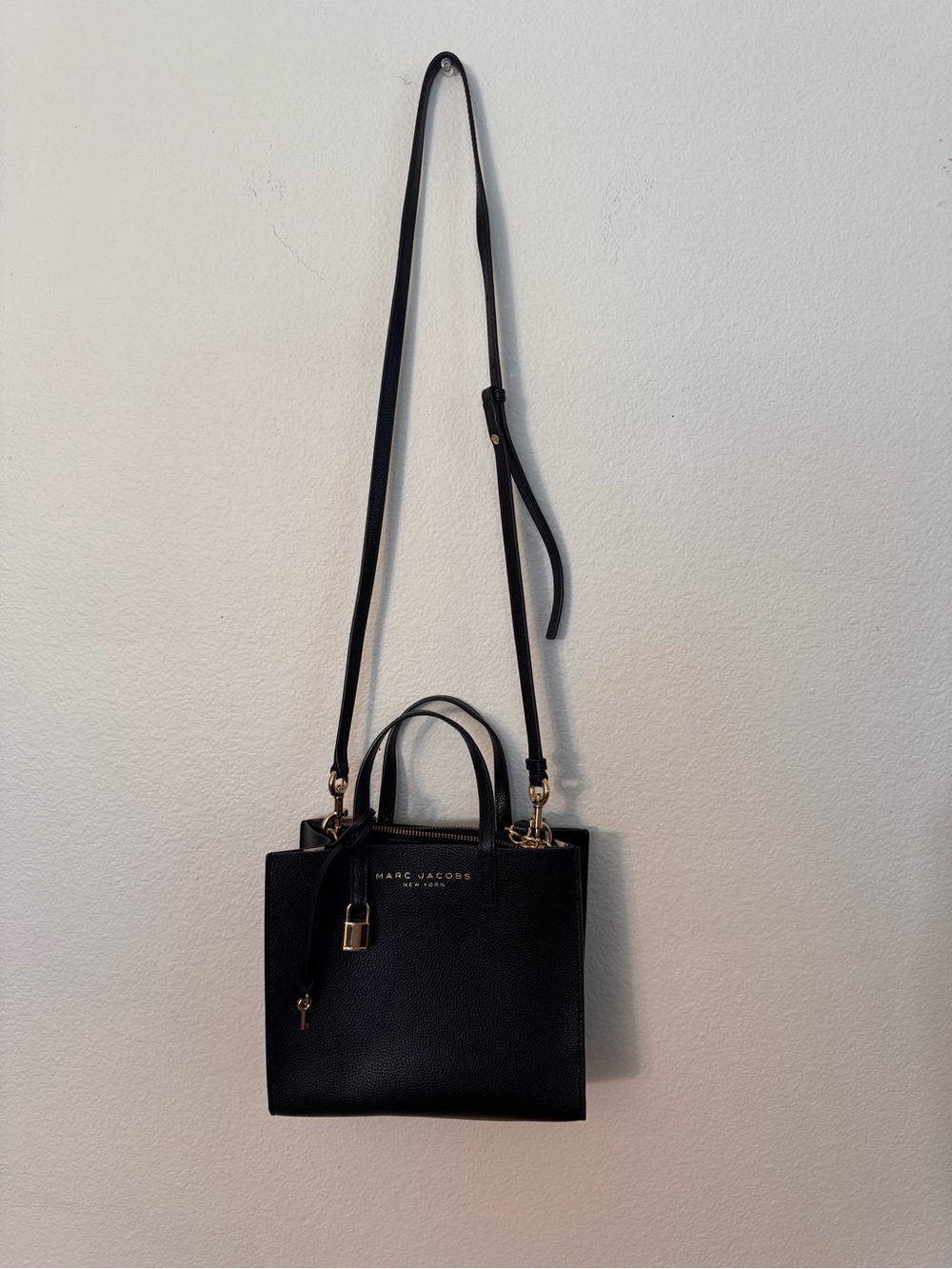 Marc Jacobs Black Leather Structured Crossbody Tote with Gold Hardware